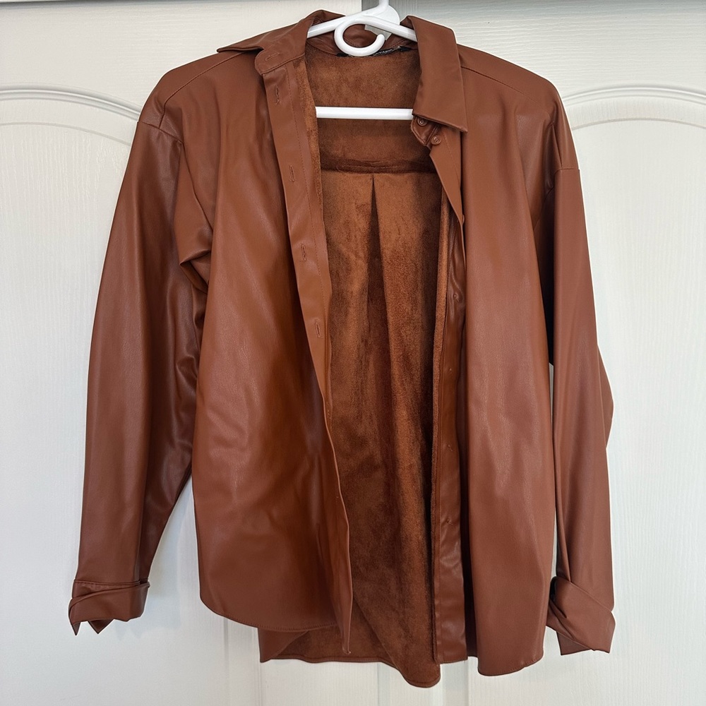 Zara Tan Leather Shirt Jacket Size Small